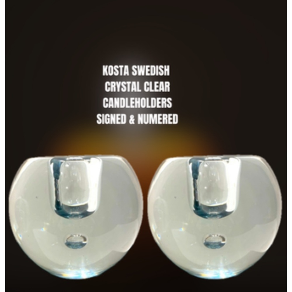 Pr. Kosta Sweden Crystal Clear Snowball Glass Candle Holders Signed & Numbered